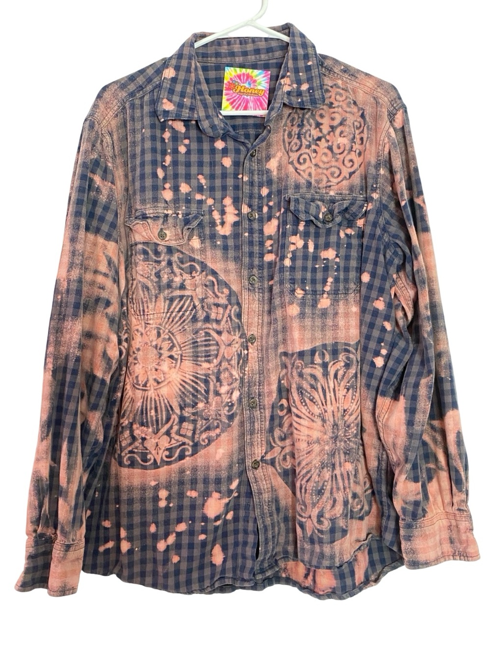 Custom Floral Flannel Bleached Shirt Mens Size Large Unisex Plaid Fall Cotton